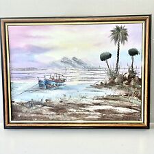 original framed fishing Boat Sea purple sky volcanic mountain Ocean Asian Japan for sale  Shipping to South Africa