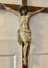  ° 1880 Large 40" Wall Crucifix Polychromed Hand Carved All Wood Corpus & Cross  for sale  Shipping to South Africa
