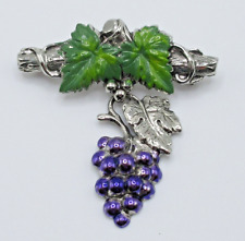 Vintage Silver Tone 2"  Purple Green Enamel Grapes Vine Dangle Brooch Pin for sale  Shipping to South Africa