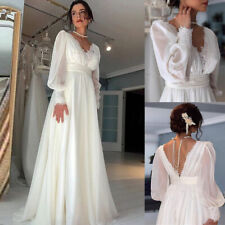 Chiffon Simple Wedding Dresses Long Sleeves V Neck Lace Backless Bridal Gowns for sale  Shipping to South Africa