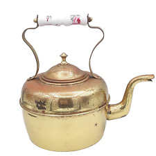 Vintage Solid Brass Kettle with Pink Floral Ceramic Handle Made in England Decor for sale  Shipping to South Africa