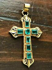 Antique 3Ct Emerald Cut Green Emerald Cross Pendant 14k Yellow Gold Finish for sale  Shipping to South Africa