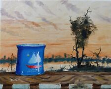 Pintura al óleo taza de café velero lago río agua puesta de sol paisaje arte A. Joli segunda mano  Embacar hacia Argentina