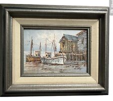 Signed W. Jones Oil Painting of Rustic Dock Cabins and Fishing Boats Framed, used for sale  Shipping to South Africa