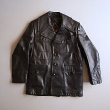 Vtg Black Leather Safari Jacket 70s Disco Retro Belted Mens 38 Lined for sale  Shipping to South Africa