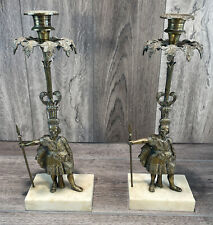 ANTIQUE BRASS CANDLESTICK MARBLE WARRIOR CANDLE HOLDERS 1850 SET OF 2 for sale  Shipping to South Africa