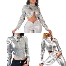 Womens Coat Stand Collar Crop Top Halloween Jackets Masquerade Outerwear Shiny for sale  Shipping to South Africa