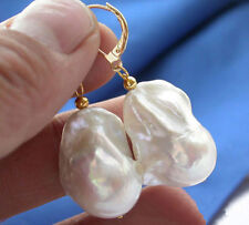 REAL HUGE AAA SOUTH SEA NATURAL WHITE BAROQUE PEARL GOLD DANGLE EARRINGS for sale  Shipping to South Africa
