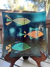 Dichroic Iridescent Fused Art Glass Fishes Abstract Platter Unsigned 11.25” Sq for sale  Shipping to South Africa