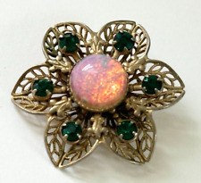 Victorian Style  Flower Brooch With Faux Fire Opal &  Green Rhinestones Vintage for sale  Shipping to South Africa