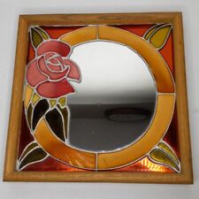 Vtg. Accent Mirror Lead Painted Glass 13"×13" Wood Framed Rose Floral Art Glass  for sale  Shipping to South Africa