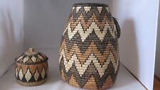 2 Handmade Zulu Baskets Lid Tri-Color Woven South Africa Zig Zag 13 1/2 Tall for sale  Shipping to South Africa