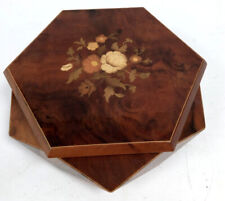 Vintage Musical Jewellery Box Lacquered Dark Wood With Floral Design Hexagonal for sale  RUGBY