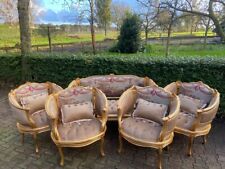 1940 French Louis XVI Sofa Set: Beige Velvet with Silk Scenery Embellishments for sale  Shipping to South Africa