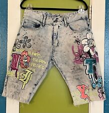 Smoke Rise Mens Blue Graffiti Paint Patch Distressed Denim Jean Shorts Size 34 for sale  Shipping to South Africa