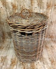 Vintage Wicker Laundry Basket with Lid 1980s Retro Boho Bambo Rattan 50cm Tall for sale  Shipping to South Africa