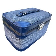Vintage Train Luggage Case Vanity Cosmetic Case Carry On Blue Tweed With Key for sale  Shipping to South Africa