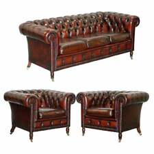 RESTORED BORDEAUX LEATHER CHESTERFIELD CLUB SUITE ARMCHAIR & SOFA ON TURNED LEGS for sale  Shipping to South Africa