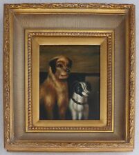 Pintura a óleo antiga emoldurada estilo arte popular primitiva 2 cães terrier 18"", usado comprar usado  Enviando para Brazil