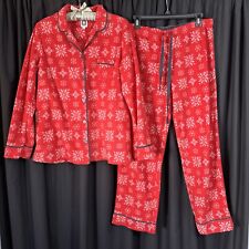 Anne Klein Holiday Pajama Pants Set Long Sleeve Button Up Red Fleece PJs Large, used for sale  Shipping to South Africa