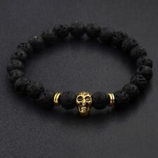 Fashion Men's 8mm Spot Natural Lava Stone Gold Skull Head Beads Man's Bracelets for sale  Shipping to South Africa