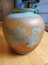 Iridescent Sandblasted Amber Glass Cameo Urn Vase w/Light Teal Grape Design, used for sale  Shipping to South Africa
