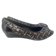Elliot Lucca Peep Toe Wedge Low Heel Black Gold Woven Leather Slip On Sz 7 for sale  Shipping to South Africa