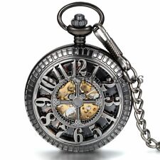 Black Retro Vintage Mechanical Skeleton Steampunk Mens Chain Pocket Watch Gift for sale  Quincy