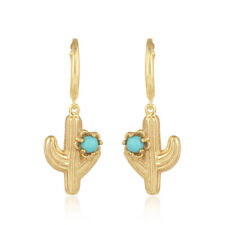 Handmade 925 Silver Gold Plated Cactus Design Turquoise Gemstone Earrings for sale  Shipping to South Africa