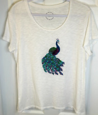 Krazy Kat Blouse Sz XL Embellished Burnout Peacock Boho Soft Tee Top White, used for sale  Shipping to South Africa