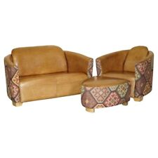 STUNNING VINTAGE BROWN LEATHER & KILIM ROCKET SOFA ARMCHAIR & FOOTSTOOL SUITE for sale  Shipping to South Africa