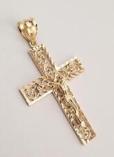 14K Solid Real Yellow Gold Religion Diamond Cut Jesus Cross Crucifix Pendant for sale  Shipping to South Africa