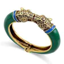 Enamel Double Head Leopard Panther Jaguar Cuff Bangle Bracelet Green Gold Plated for sale  Shipping to South Africa