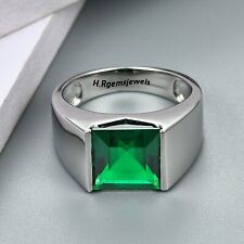 Lab Created Emerald Silver Mens Ring Engagement Ring Emerald Mens Ring Halo Ring for sale  Shipping to South Africa