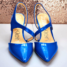 Sapato de Salto Calvin Klein Feminino Geena Pumps Tamanho 7M Azul Couro Patente Slingback, usado comprar usado  Enviando para Brazil