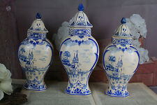 Set of 3 Delft blue white pottery vases lidded Landscape scene marked  for sale  Shipping to Canada