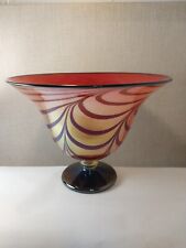 2001 Signed Rick Strini Studio Art Glass Red Golden Pulled Feather Compote  for sale  Shipping to South Africa