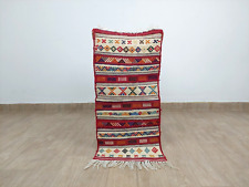 Moroccan Vintage Sabra Kilim Rug Tribal Berber Hand Woven Red Wool Carpet 1x3 Ft for sale  Shipping to South Africa
