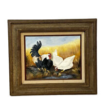 Pintura a óleo original por Sue Wiley galinhas galo em moldura de campo de trigo. 15x13 pol comprar usado  Enviando para Brazil
