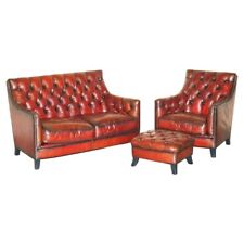 FULLY RESTORED HAND DYED BORDEAUX LEATHER CHESTERFIELD SUITE ARMCHAIR & SOFA for sale  Shipping to South Africa