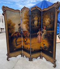 Magnificent Vintage 4-Panel Hand-Painted Screen with Gilded Wood Frame for sale  Shipping to South Africa