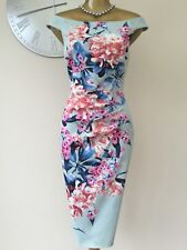 💕KAREN MILLEN - 12 UK - DUCK EGG BLUE & FLORAL, STRETCH SATIN PENCIL DRESS for sale  Shipping to South Africa