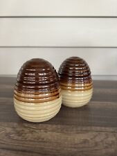 Vintage Brown Tan Ribbed Stoneware Honeycomb Sugar Tea Lidded Jar Pair for sale  Shipping to South Africa