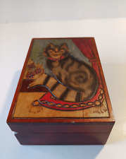 De colección Hecho a Mano Gato Gatito Cedro Pecho Vestidor Caja Prenda para el torso con bisagras tallada pintada segunda mano  Embacar hacia Argentina