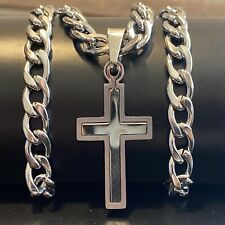 Collana con croce rosario in acciaio inox da uomo donna catena cubana di 50 cm usato  Scandicci