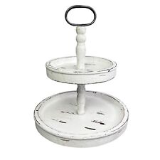 Wooden Tier Tray White Wash Wood Farmhouse 2 Level Tiered Top Handle Round for sale  Shipping to South Africa