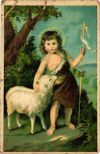 Vintage Religious Scripture Prayer Card Swiss Jesus Halo Shepherd Boy Lamb A583, used for sale  Shipping to South Africa