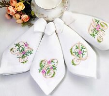 White personalized embroidered monogrammed linen napkins, holiday table decor for sale  Shipping to South Africa