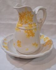 VTG YELLOW FLORAL 6 1/2" PITCHER AND 8" SCALLOPED WASH BASIN 'HEL' MADE IN ITALY for sale  Shipping to South Africa