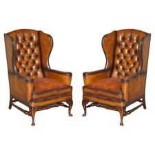 PAIR OF ANTIQUE WILLIAM MORRIS WINGBACK ARMCHAIRS HAND DYED CIGAR BROWN LEATHER, used for sale  Shipping to South Africa